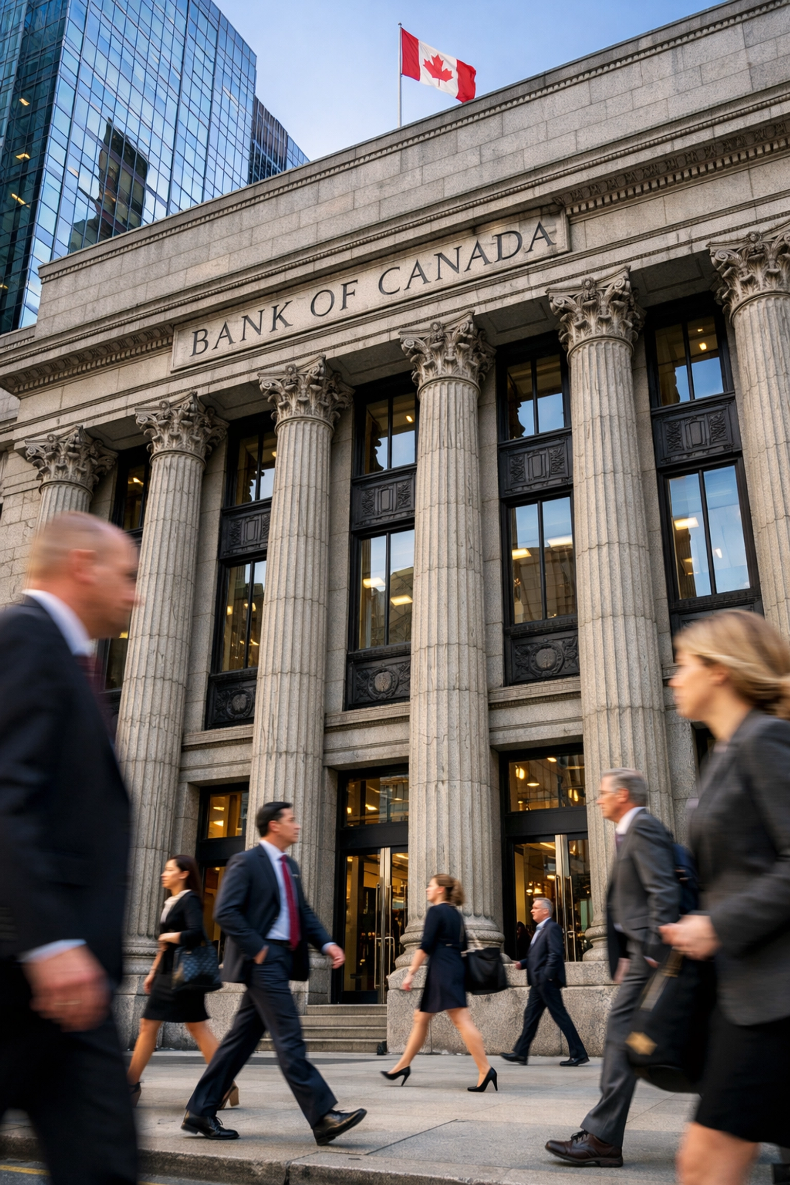 Workforce commuters walking past a major financial building in a Canadian city center.