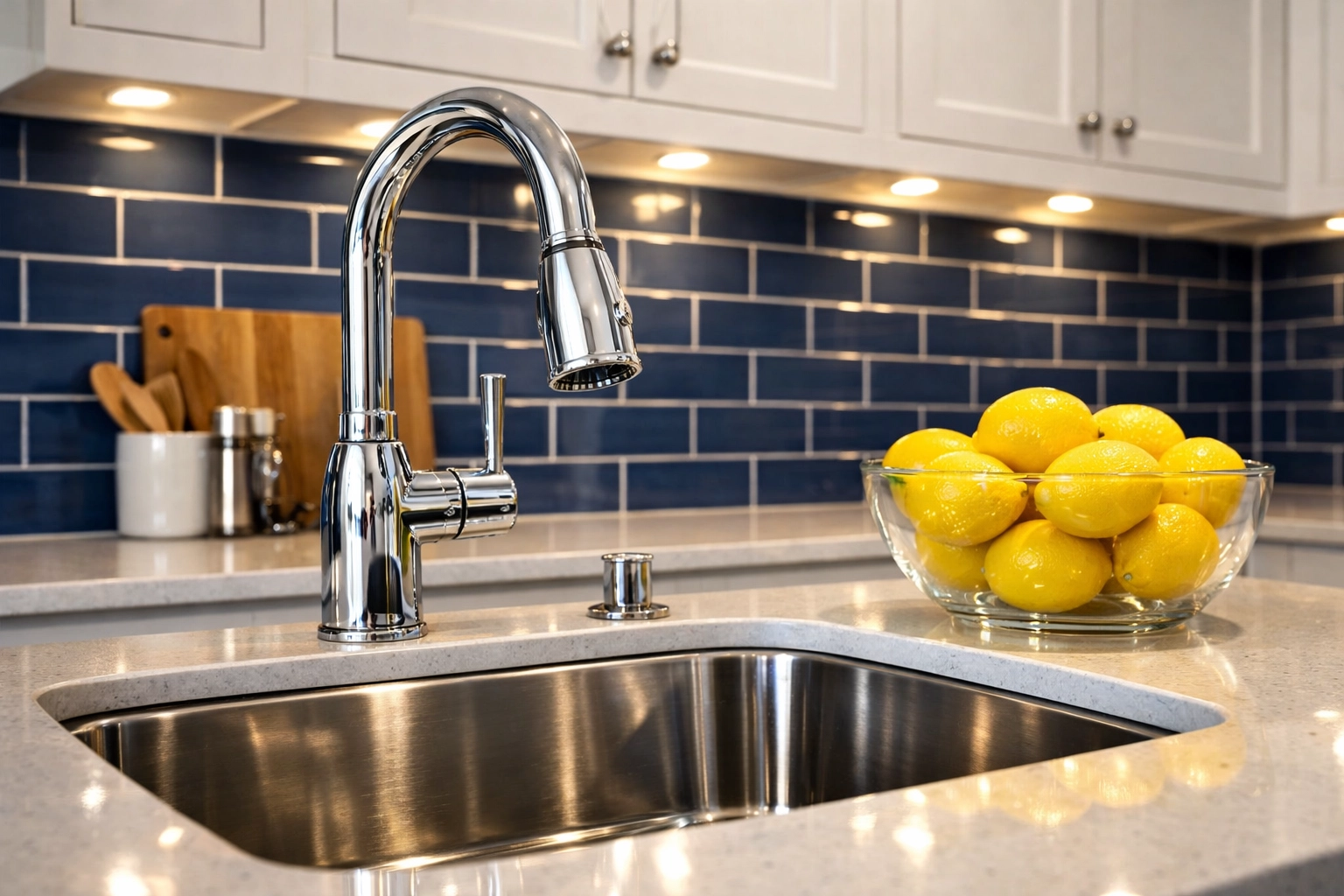 Sparkling kitchen counters and sink in Westford, Massachusetts, after a weekly house cleaning service.
