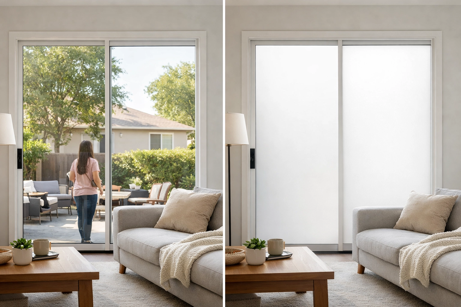 Modern home interior with large windows showing clear-to-frosted privacy zones using switchable film