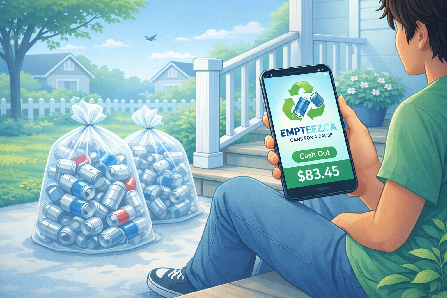 2D illustration of a person cashing out their Empteez.ca earnings on their phone while sitting on their porch