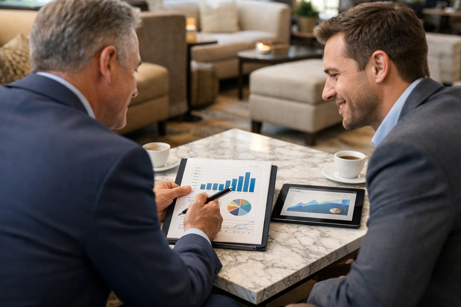 ServiceNow consulting partners reviewing a strategic ROI and license audit report with a business client.