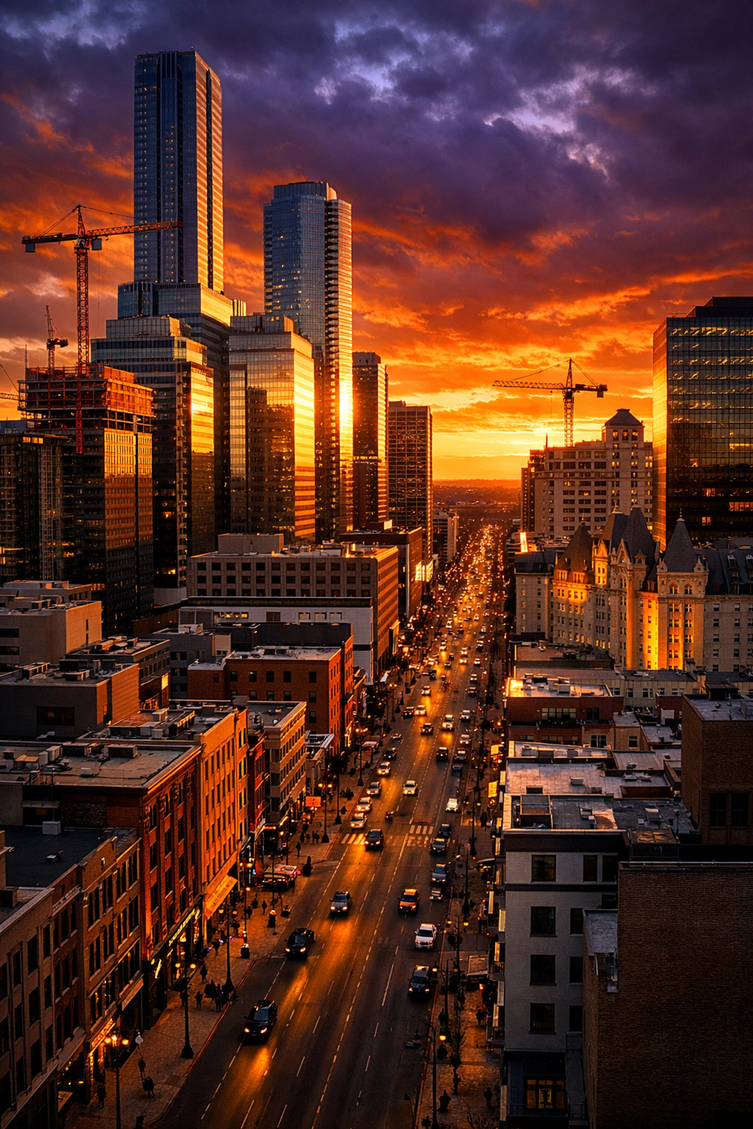 Downtown Edmonton skyline with construction cranes and modern towers along Jasper Avenue