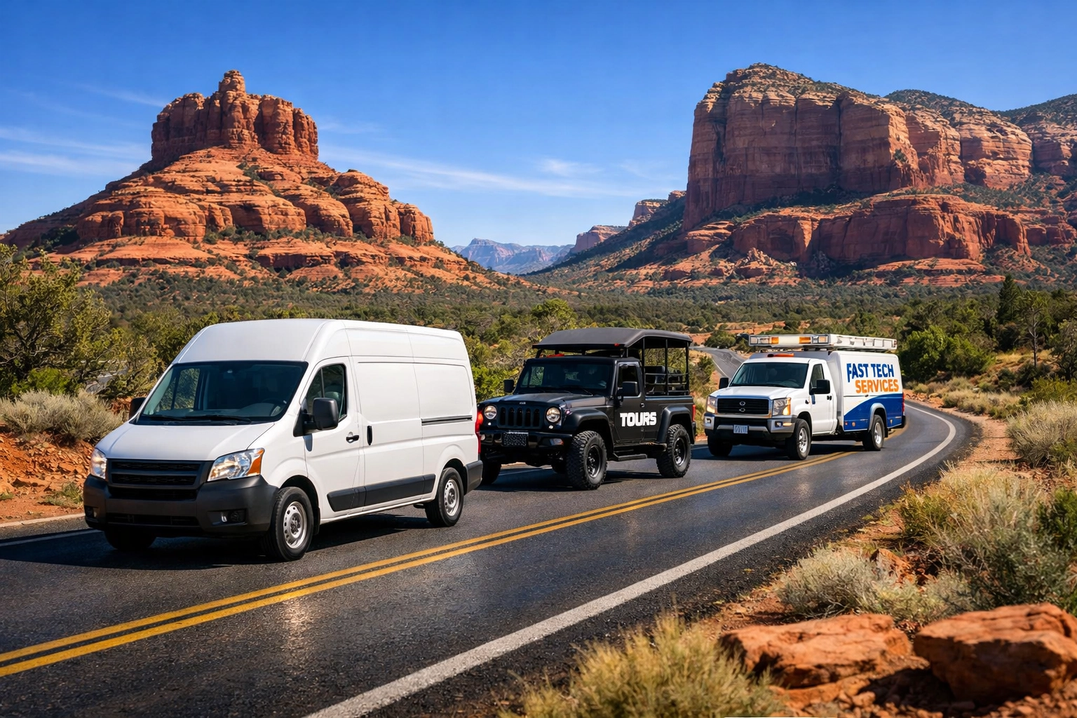 A fleet of local business vehicles driving past Sedona's red rocks, representing professional fleet maintenance Sedona.