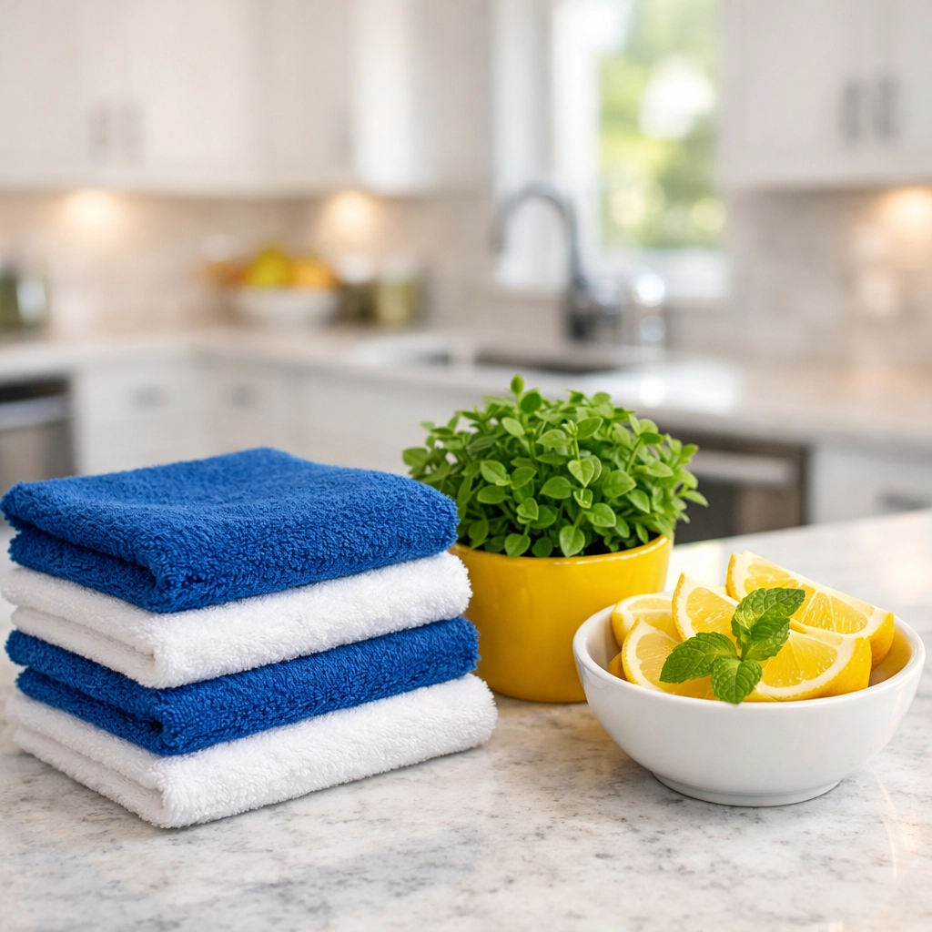 Spotless kitchen with eco-friendly cleaning supplies and fresh lemons in a Buzzards Bay home.