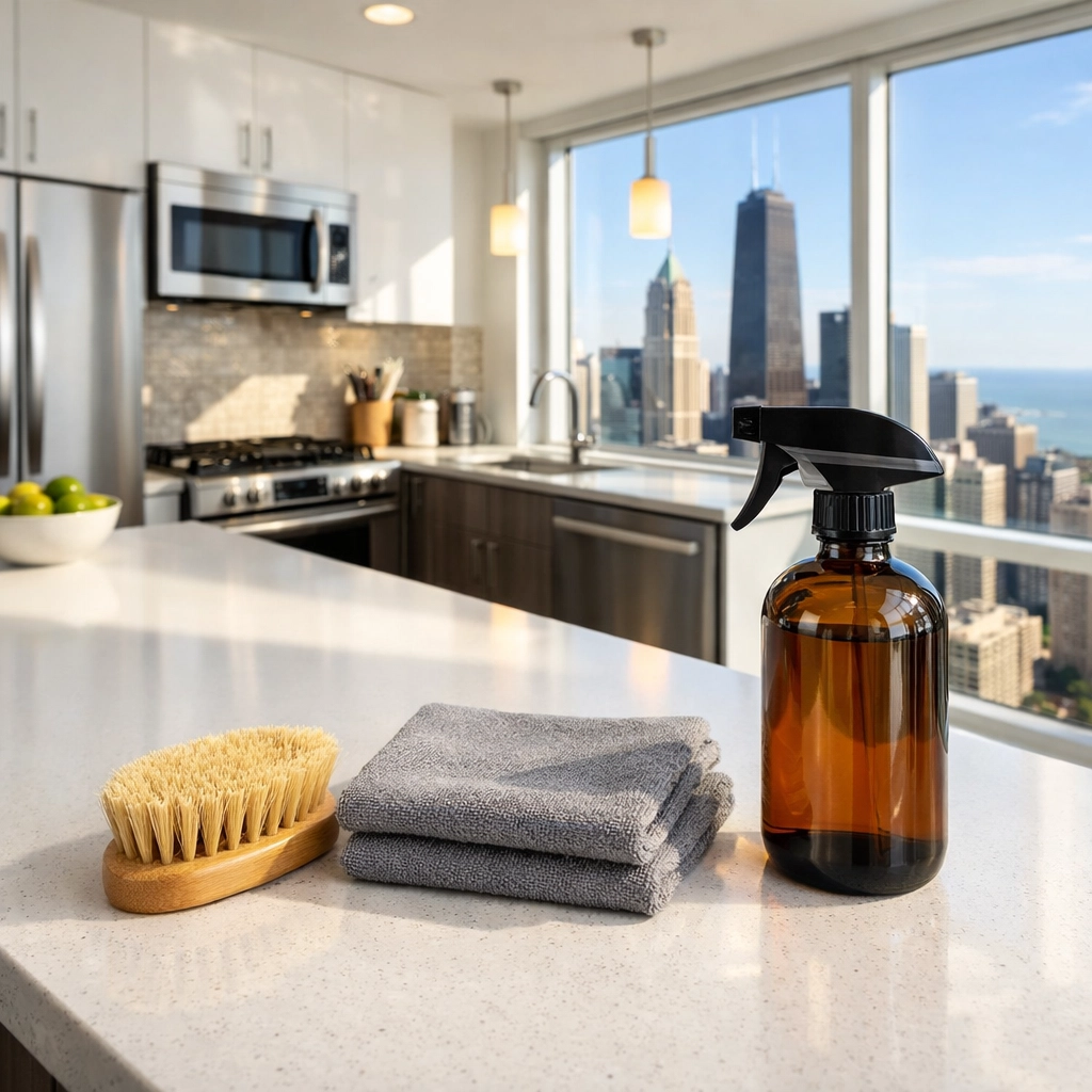 Professional turnover cleaning in a modern Chicago apartment kitchen showcasing high-quality cleaning standards.