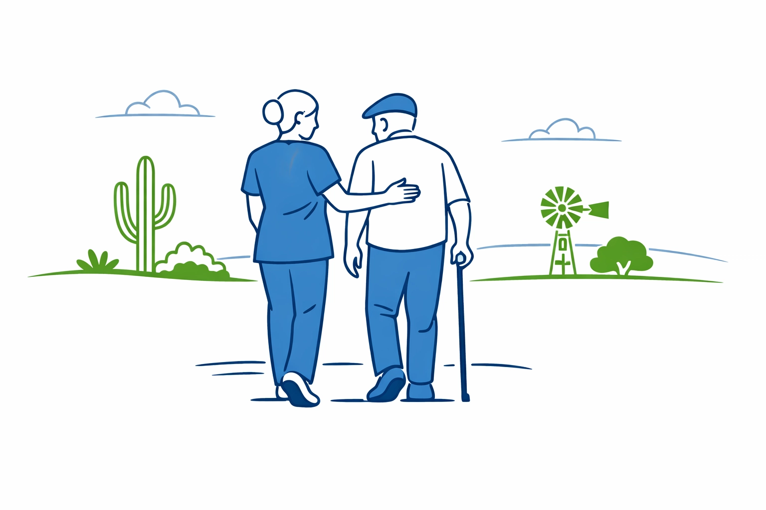Caregiver providing companion care services and walking support to a San Antonio senior outdoors.