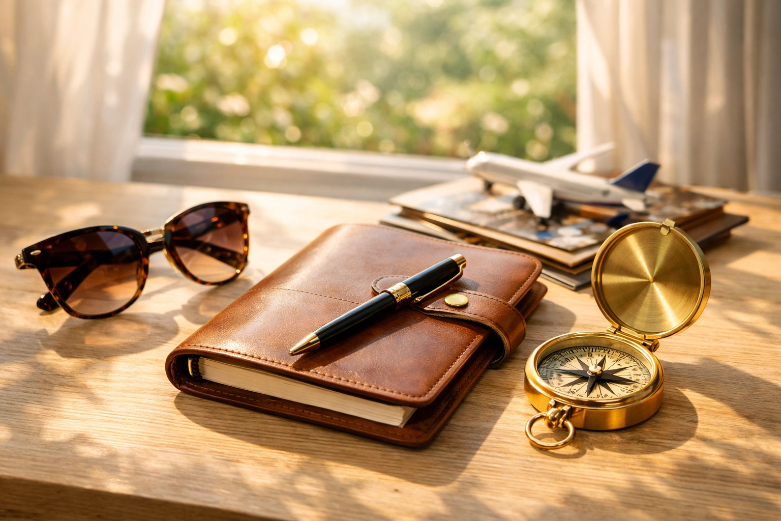 Travel planning essentials on a desk, representing a flexible career in professional travel advisor services.