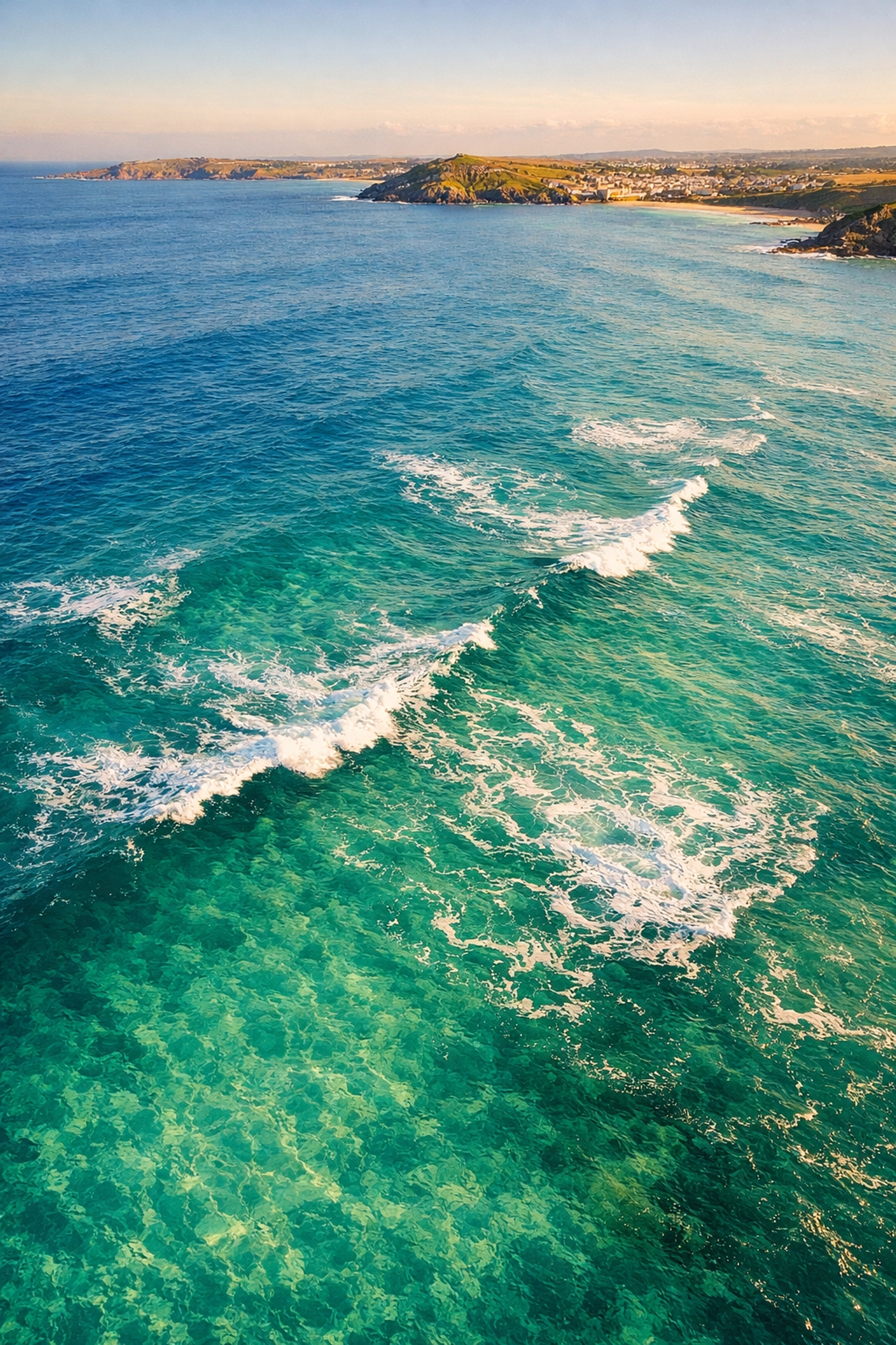 Peaceful Atlantic Ocean waters off St Ives coast viewed from drone for memorial ceremony