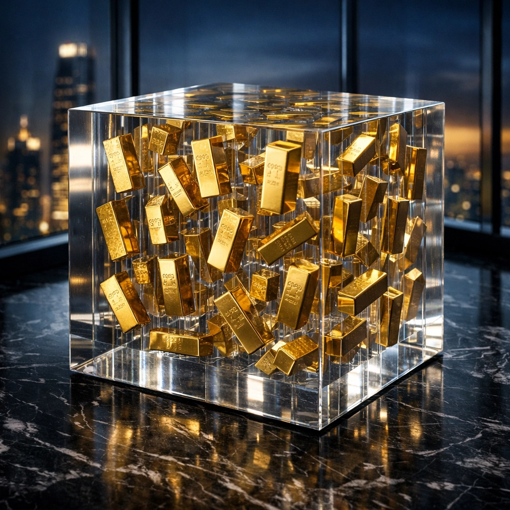Gold bars locked in a transparent cube representing illiquid alternative assets and long-term capital lock-up.