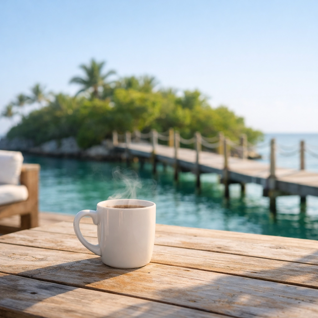 Morning coffee on a luxury wooden deck at Barefoot Cay resort in Roatán.