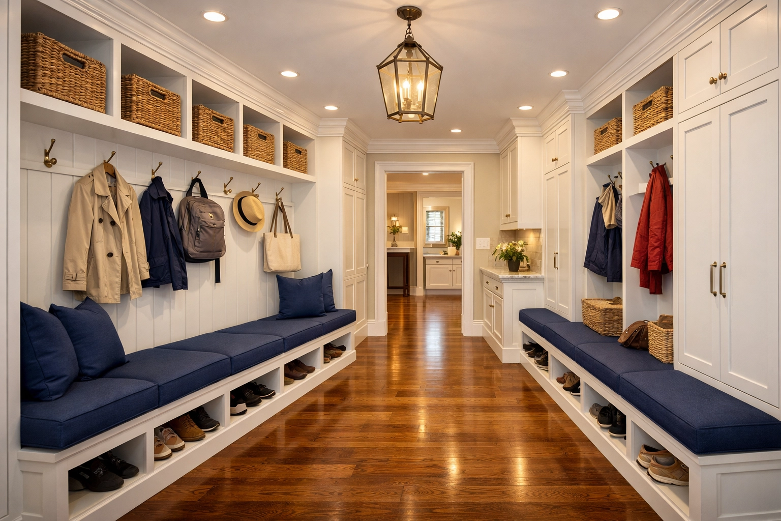 Perfectly organized and clean Medfield mudroom maintained by expert professional cleaners Medfield MA.