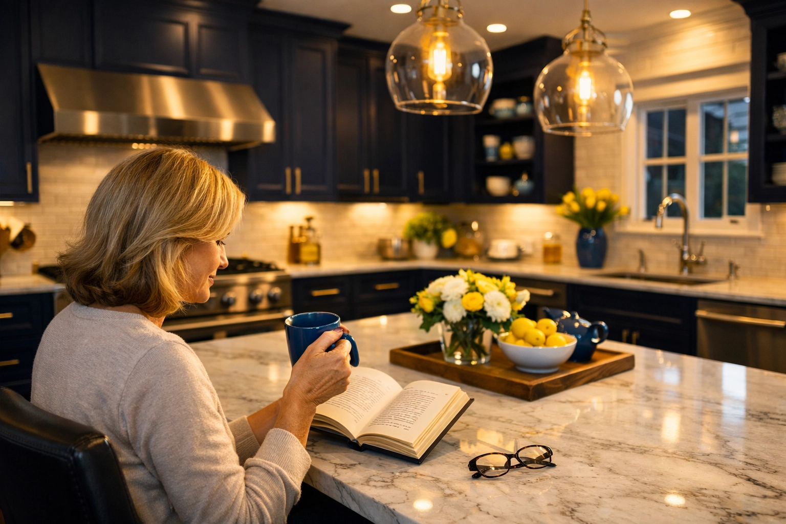 Wellesley homeowner relaxing in a clean kitchen after booking professional cleaning services near me.
