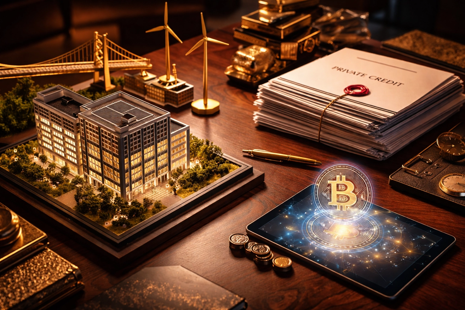 Overhead view of alternative investments on a desk, including real estate, infrastructure, private credit, and digital assets.