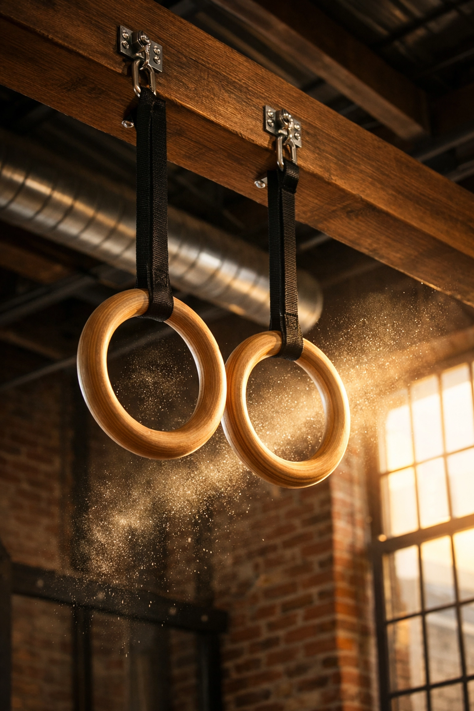 Wooden gymnastic rings mounted to ceiling beam for wall-safe home training