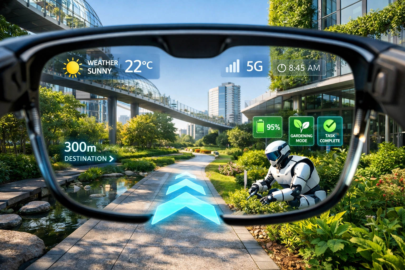 First-person view through AR glasses showing digital navigation and real-time data overlays in a modern park.