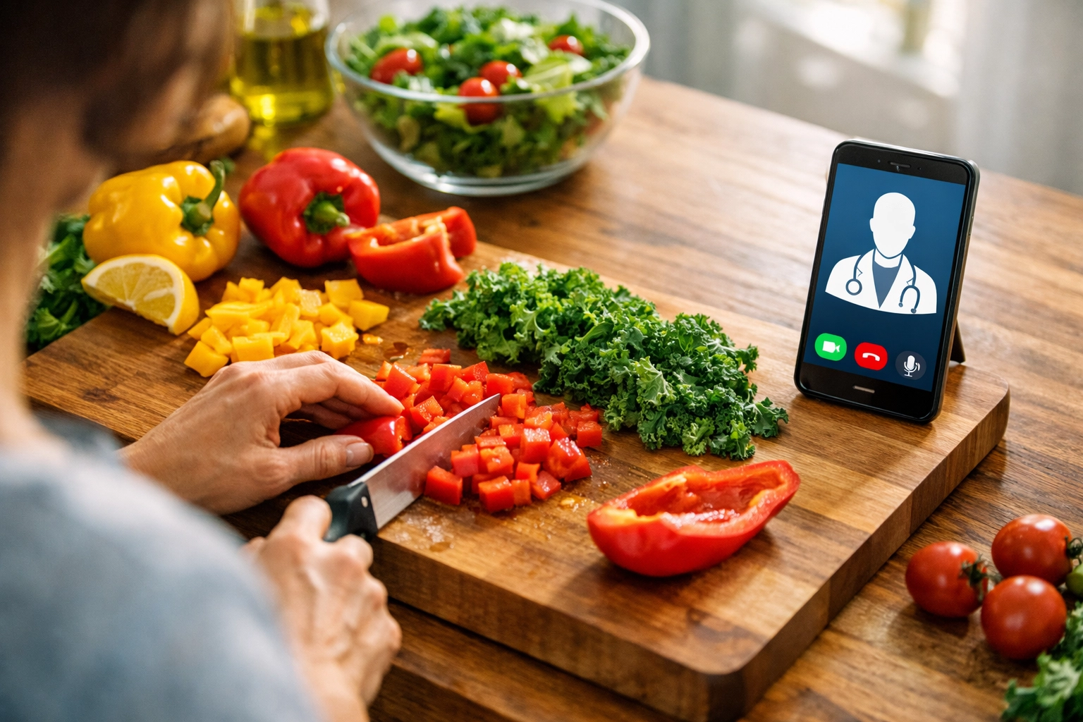 Preparing healthy food while accessing an online weight loss doctor through a mobile telemedicine app.