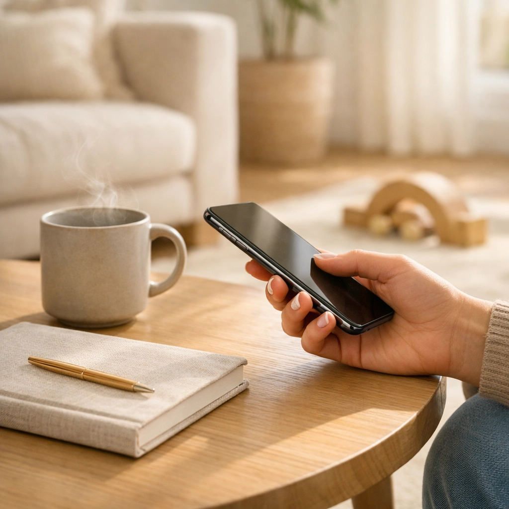A woman's hand holding a phone in a calm home office, illustrating peaceful passive income strategies for moms.
