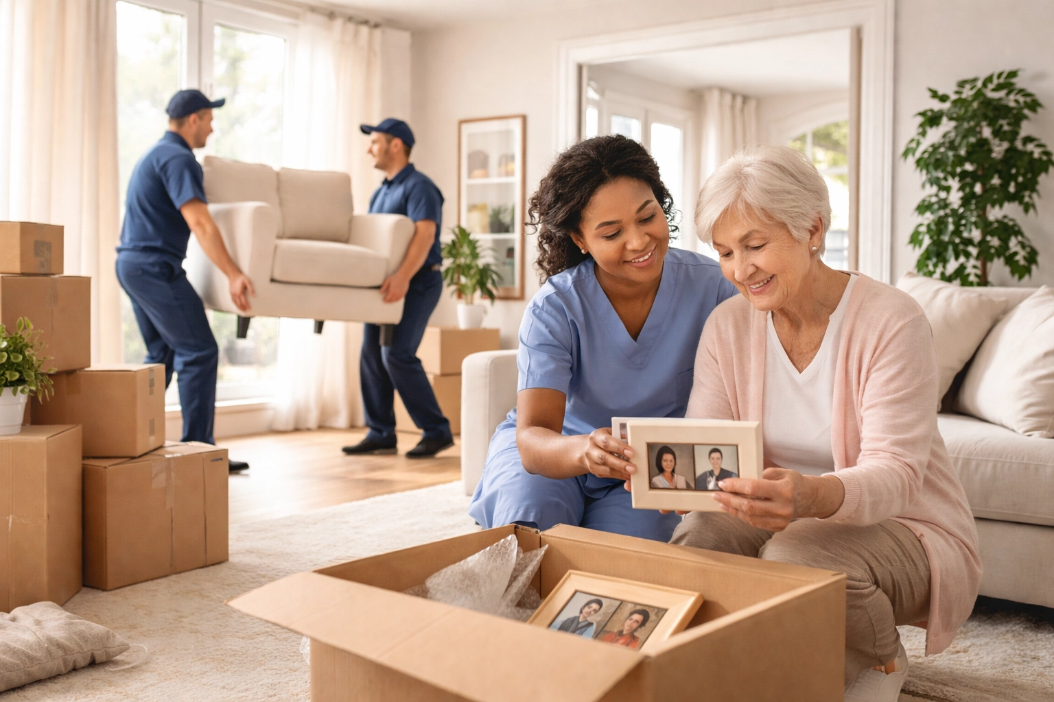 In-home caregiver helping senior pack while movers assist during a coordinated transition