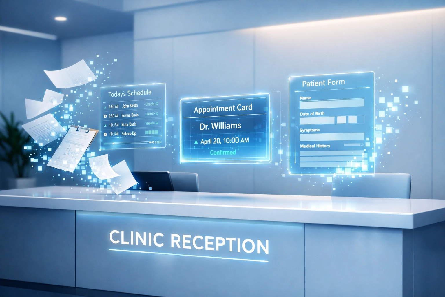 Clinic reception desk transforming from paper-based to AI-powered digital workflow automation