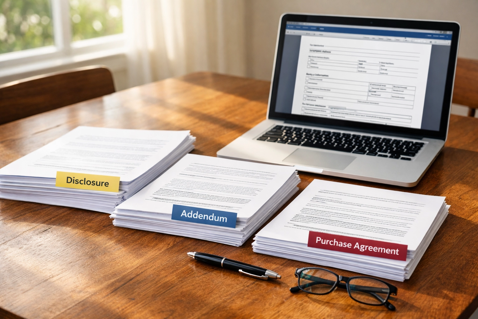 Organized FSBO closing documents including disclosure forms and purchase agreement on table