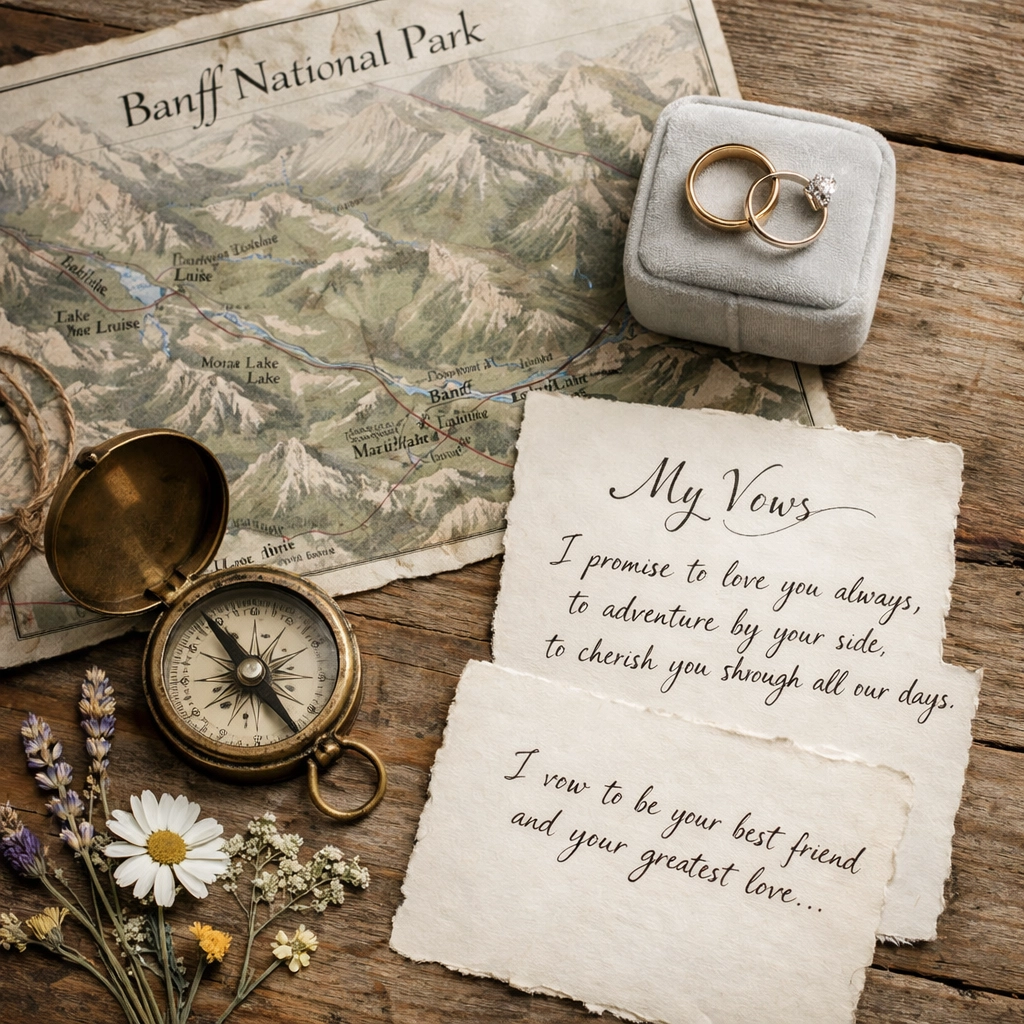 Banff elopement planning with wedding rings, map, and handwritten vows on rustic table