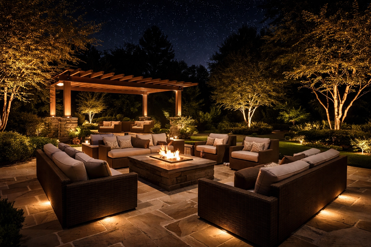 Luxury Kentucky estate outdoor living space with invisible patio and landscape lighting creating a welcoming ambiance
