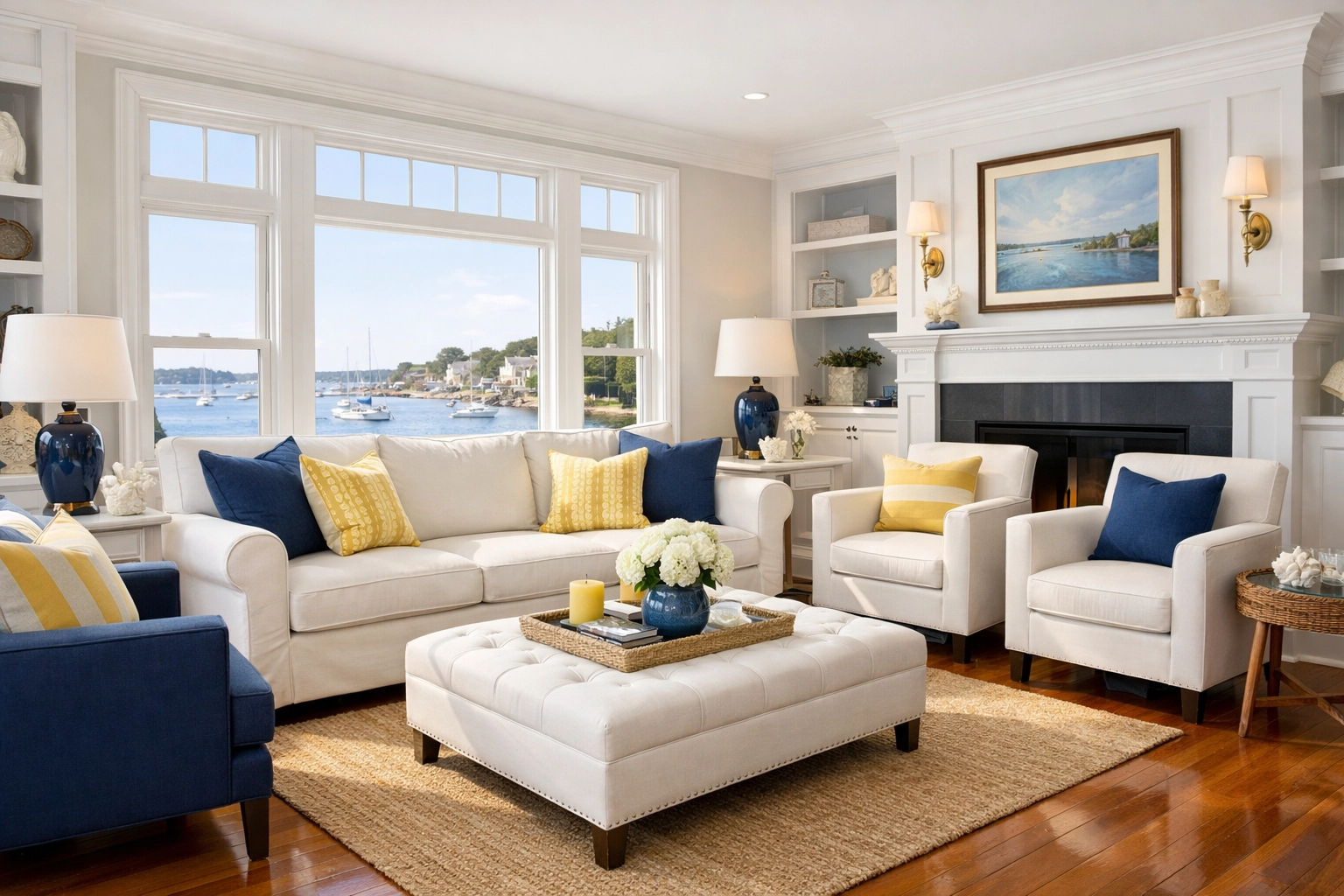 Pristine luxury living room in a historic Marblehead home with gleaming hardwood floors.