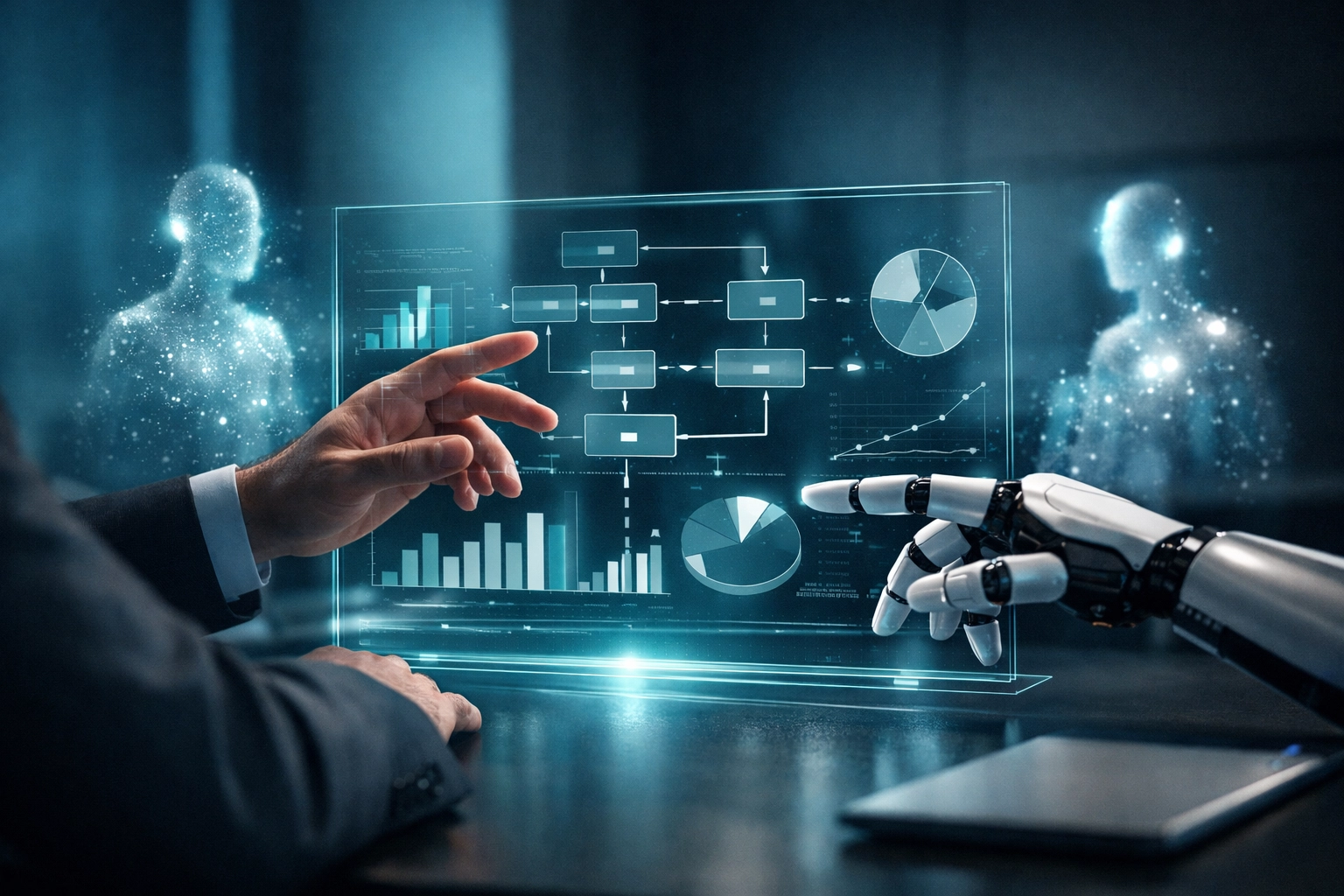 Business professional managing AI workflow with human oversight and governance interface