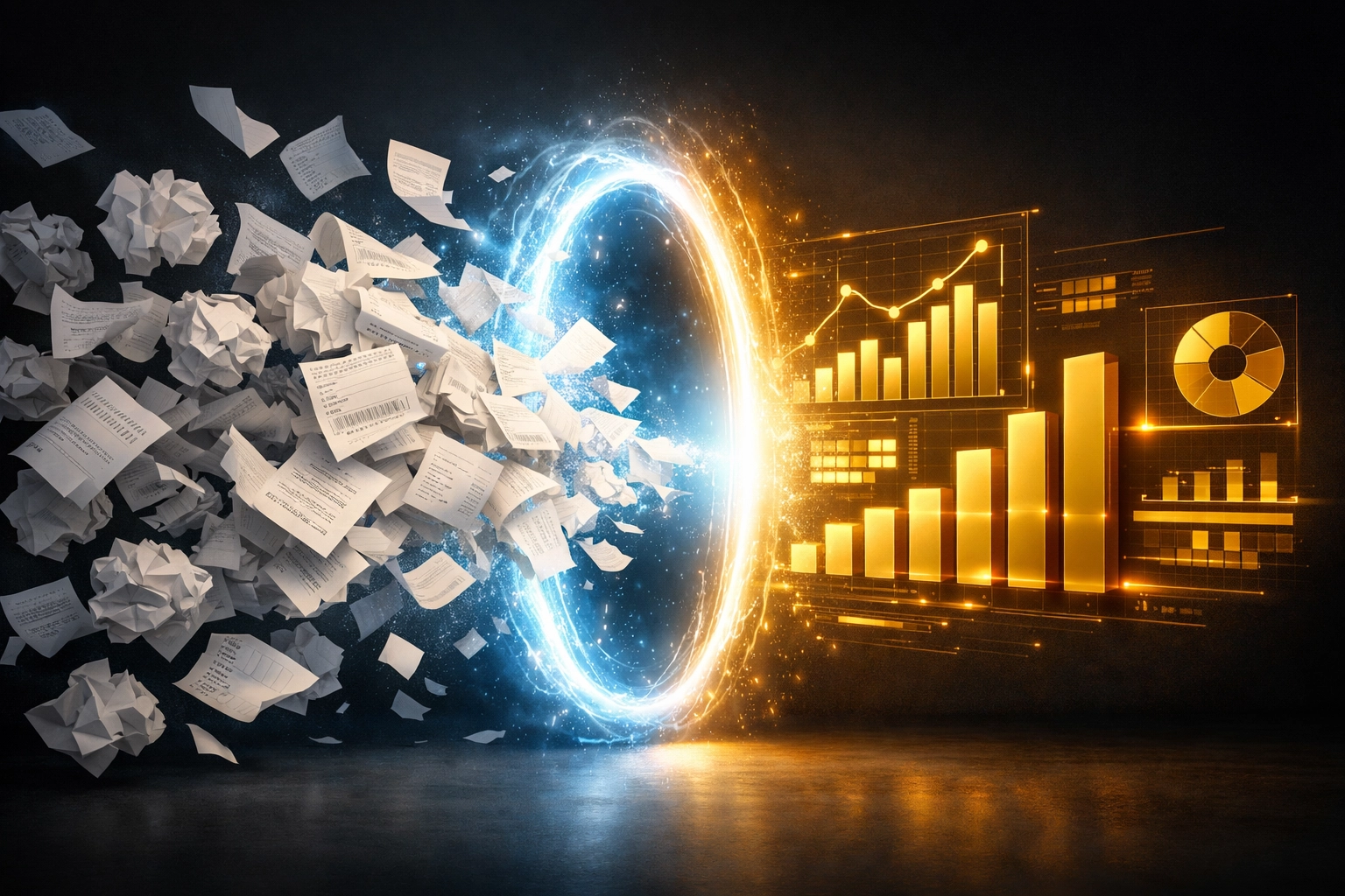 Messy receipts transforming into organized digital data for tax compliance and bookkeeping.