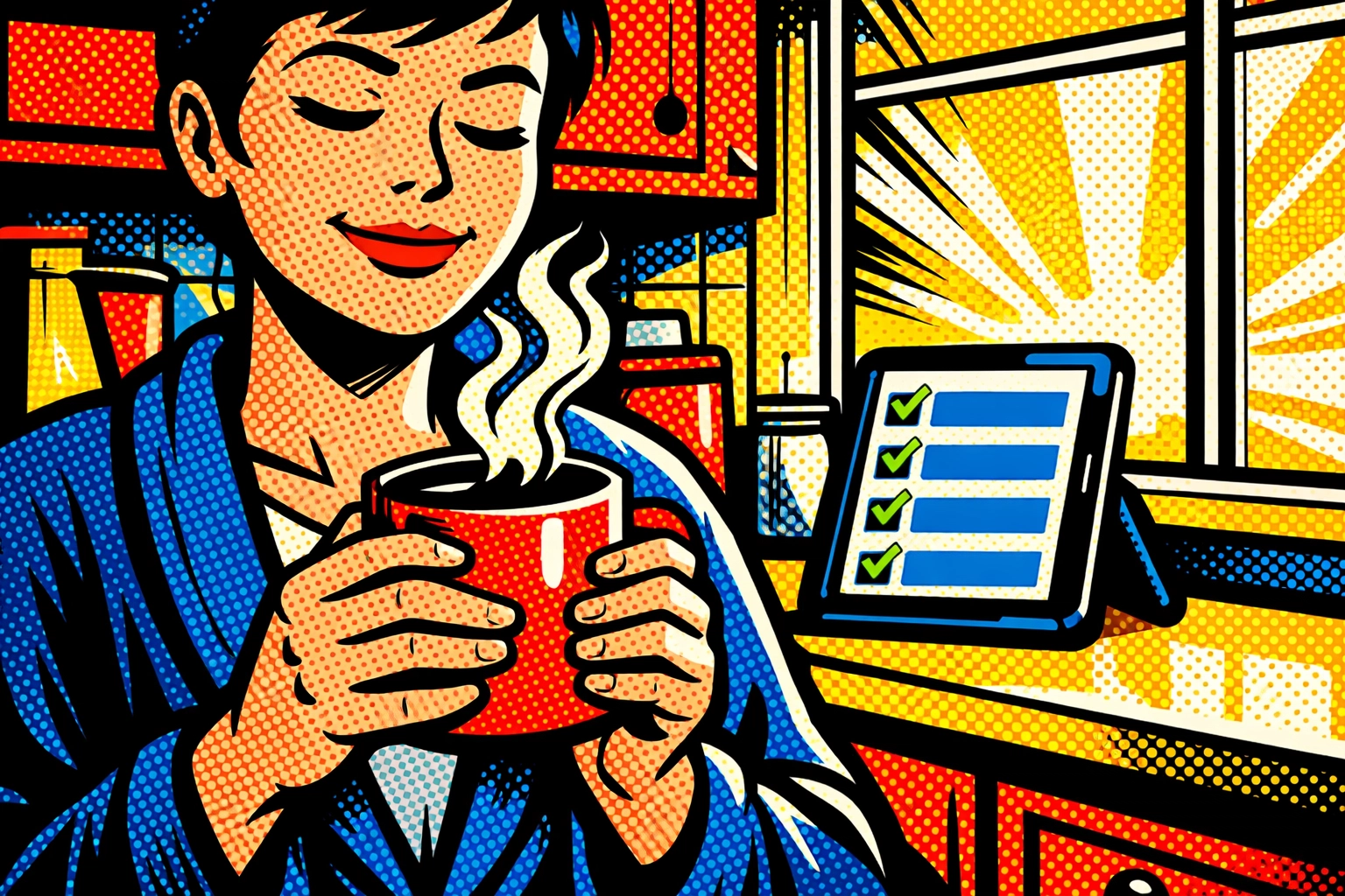 Business owner checking automated email leads on a tablet while enjoying morning coffee.