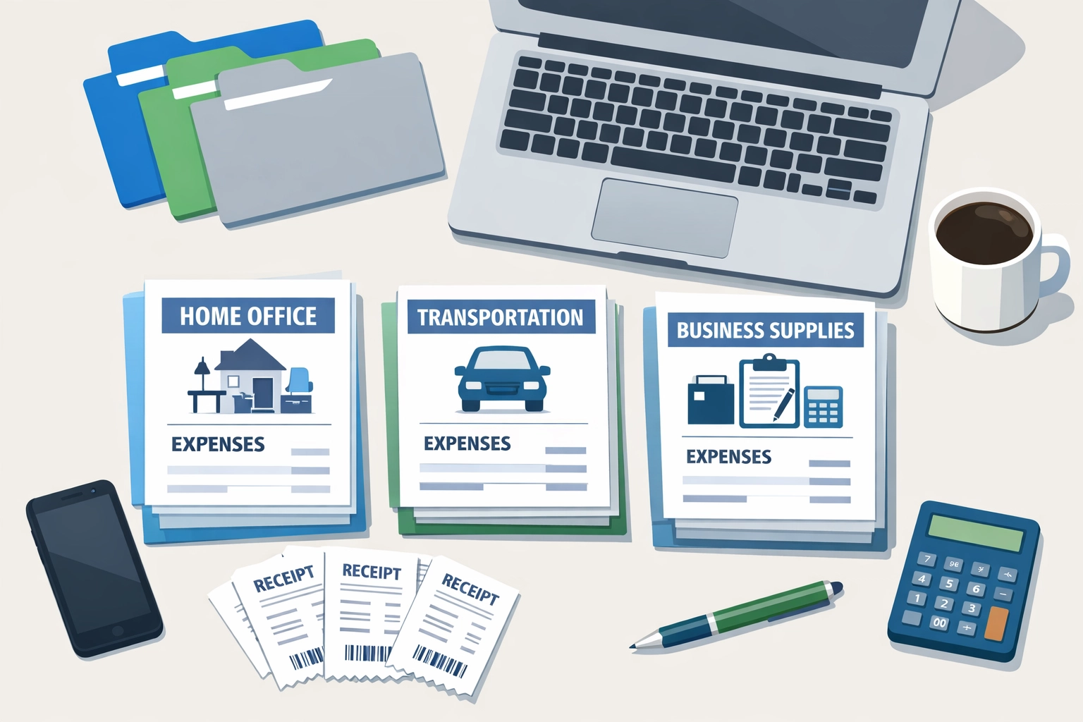 Organized tax documents, receipts, and business expense records for filing