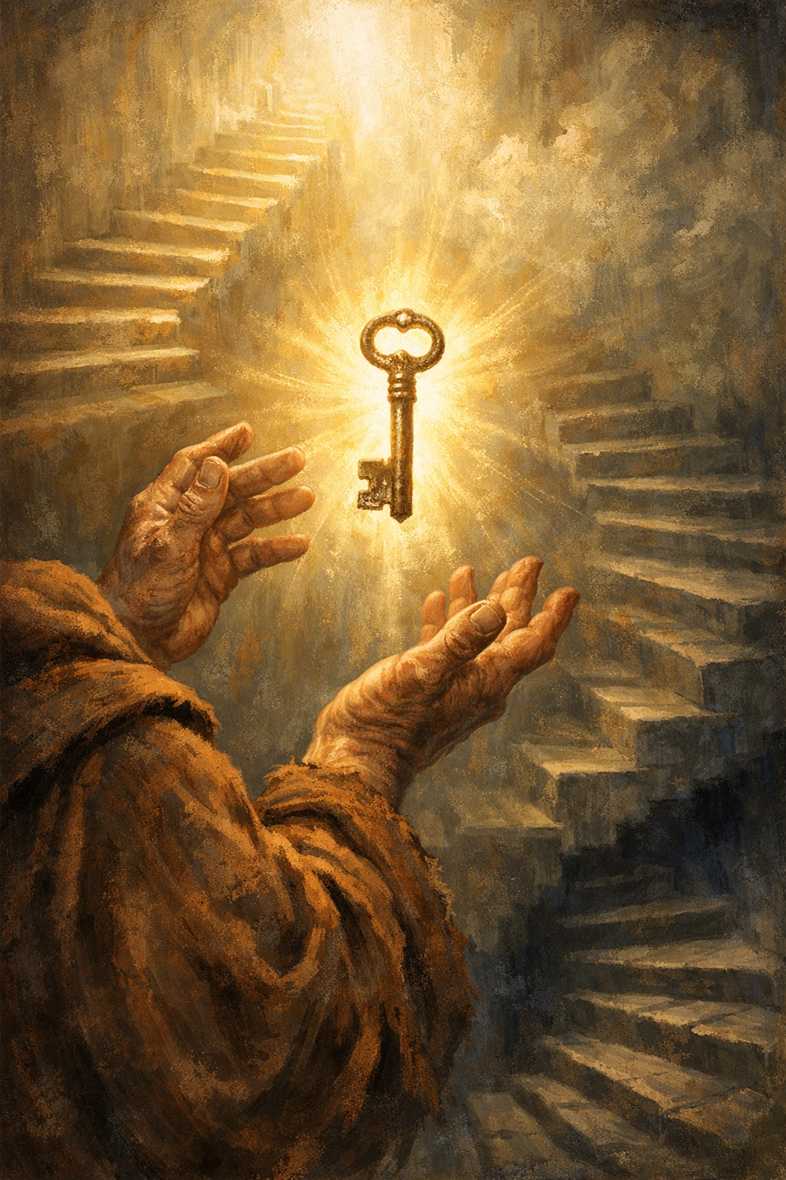 Monk's hands reaching toward glowing iron key in moment of divine calling and faith