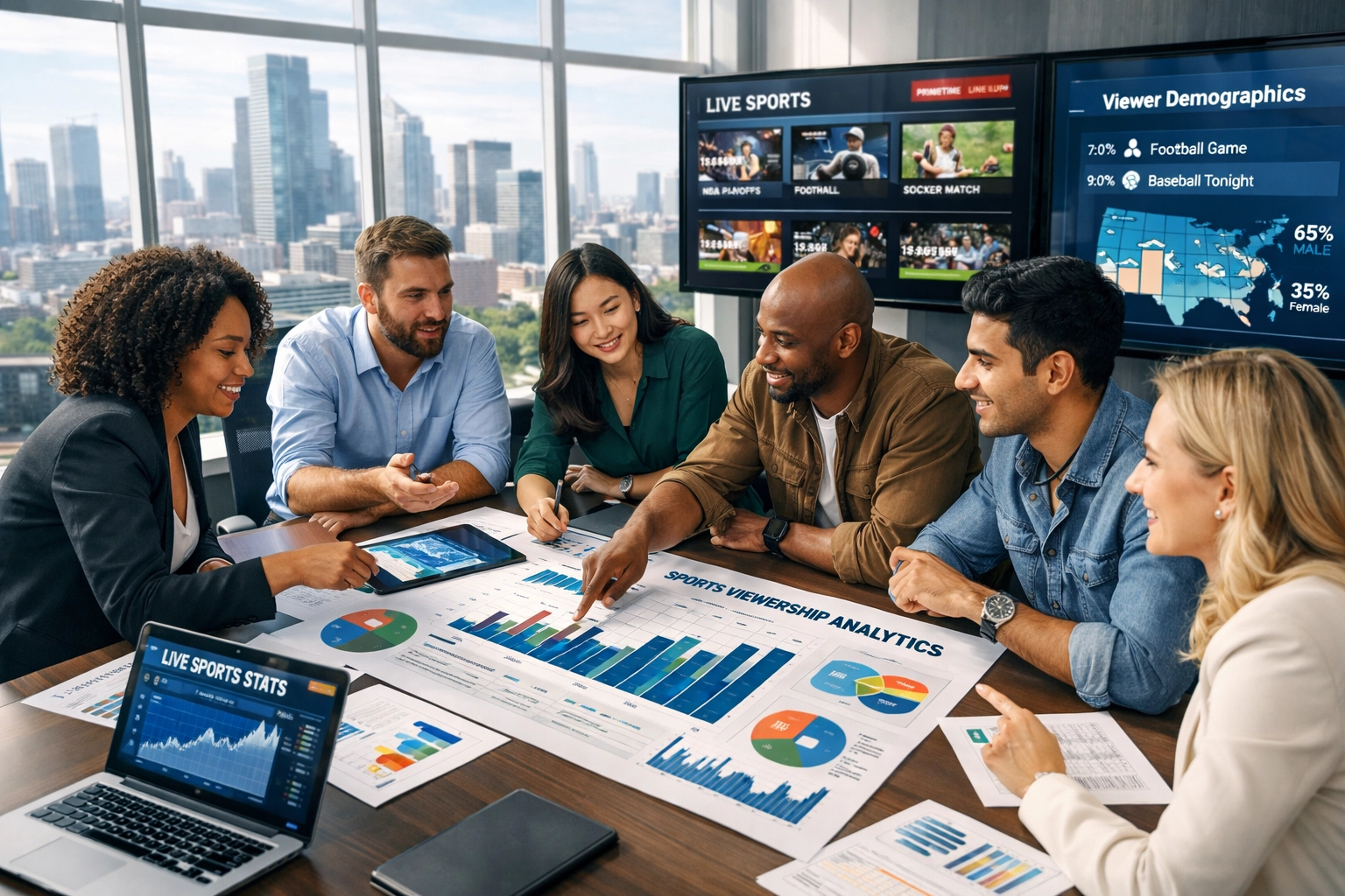 Marketing team collaborating on multi-platform sports advertising strategy and analytics