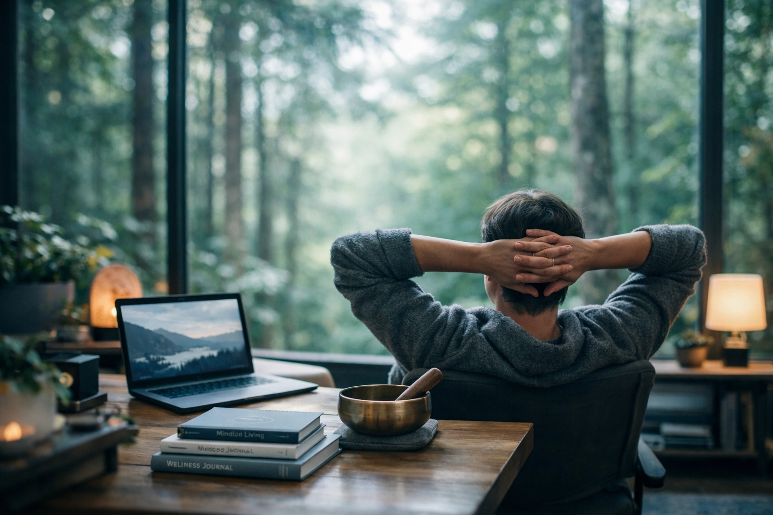 Health influencer managing social media systems from a peaceful home office.