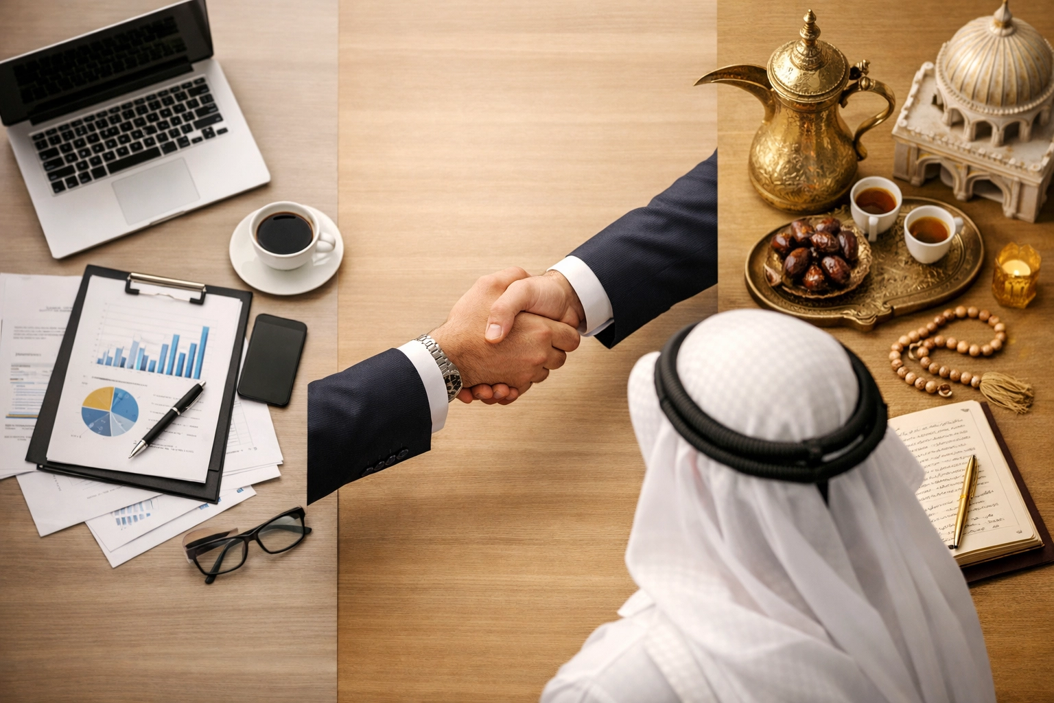 Cross-border business meeting bridging Western and Gulf investment practices in GCC capital markets