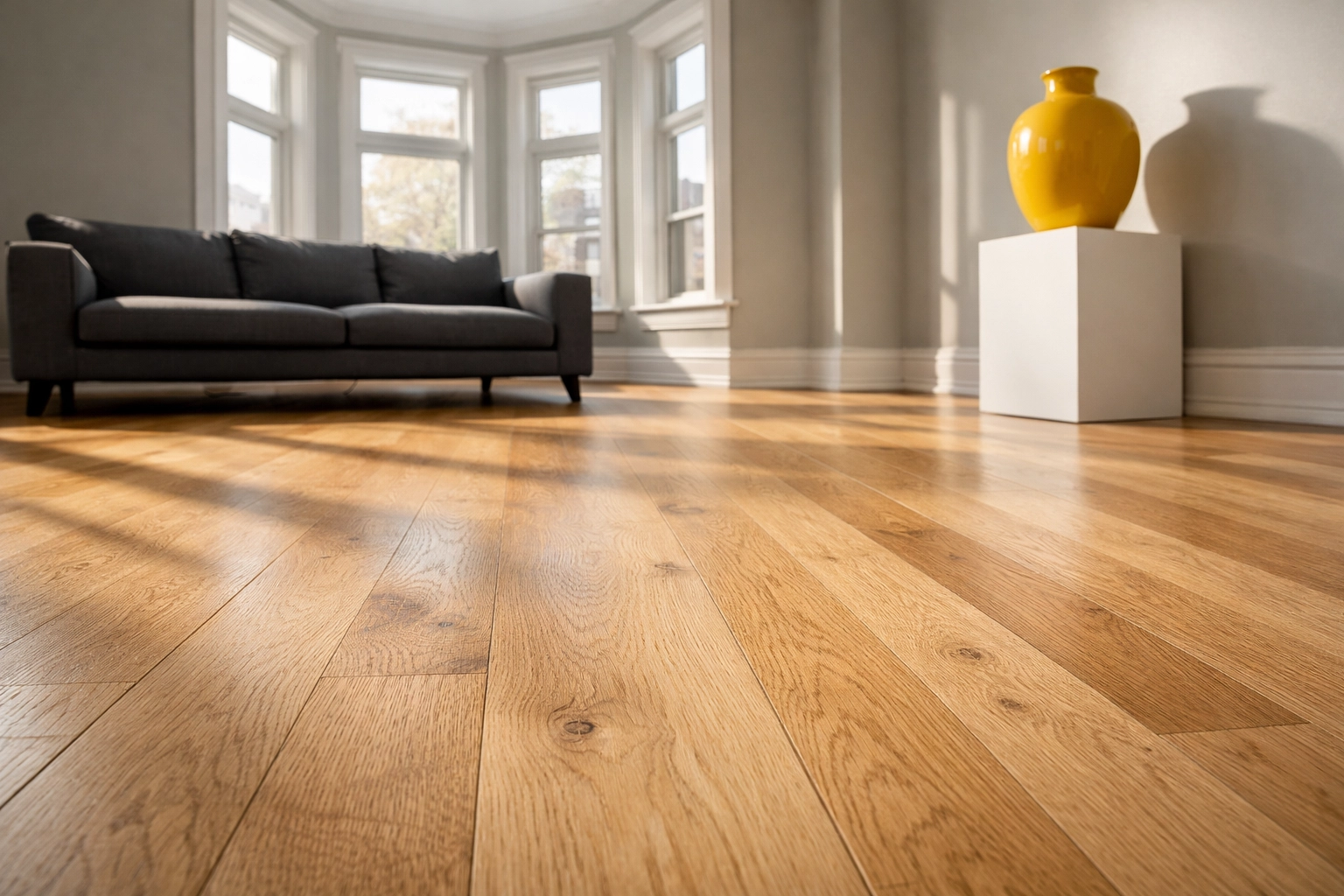 Professionally refinished white oak hardwood floors in a sunlit Chicago living room highlighting 2026 interior trends.