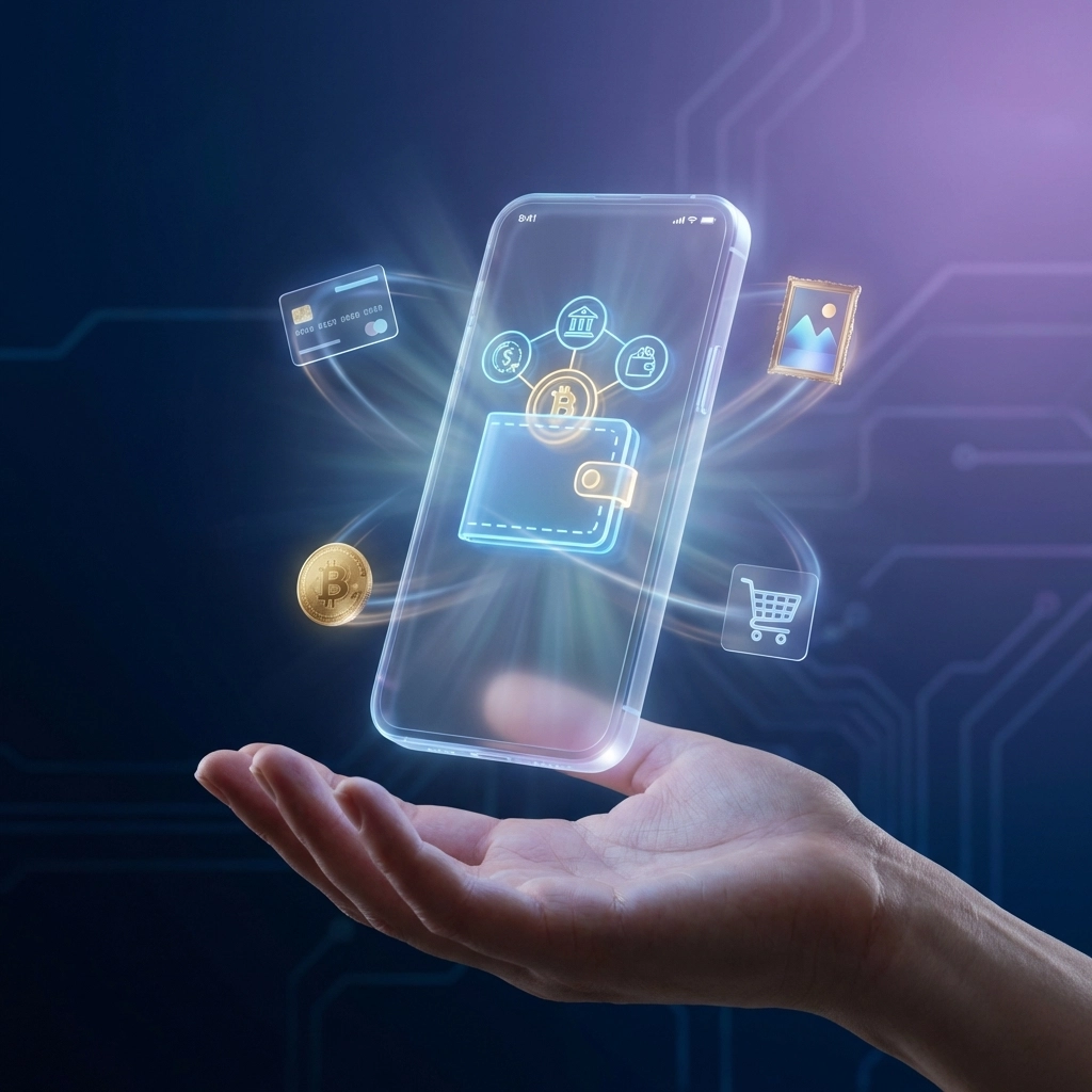 Glowing smartphone showcasing Larecoin Smart Wallet and digital assets, emphasizing seamless Web3 payments.