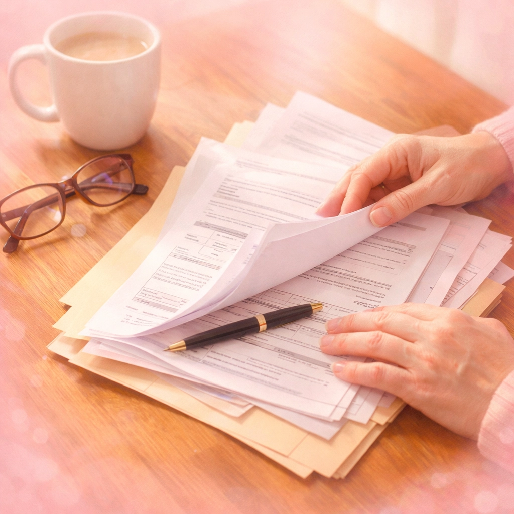 Hands organizing important documents representing benefits navigation and application support