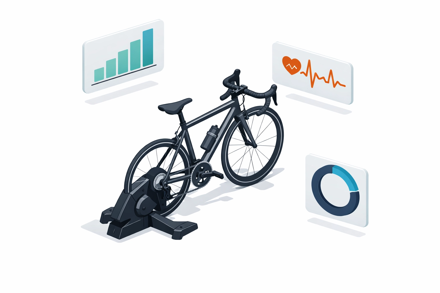 Road bike on a smart trainer showing performance data for a structured indoor cycling training plan.