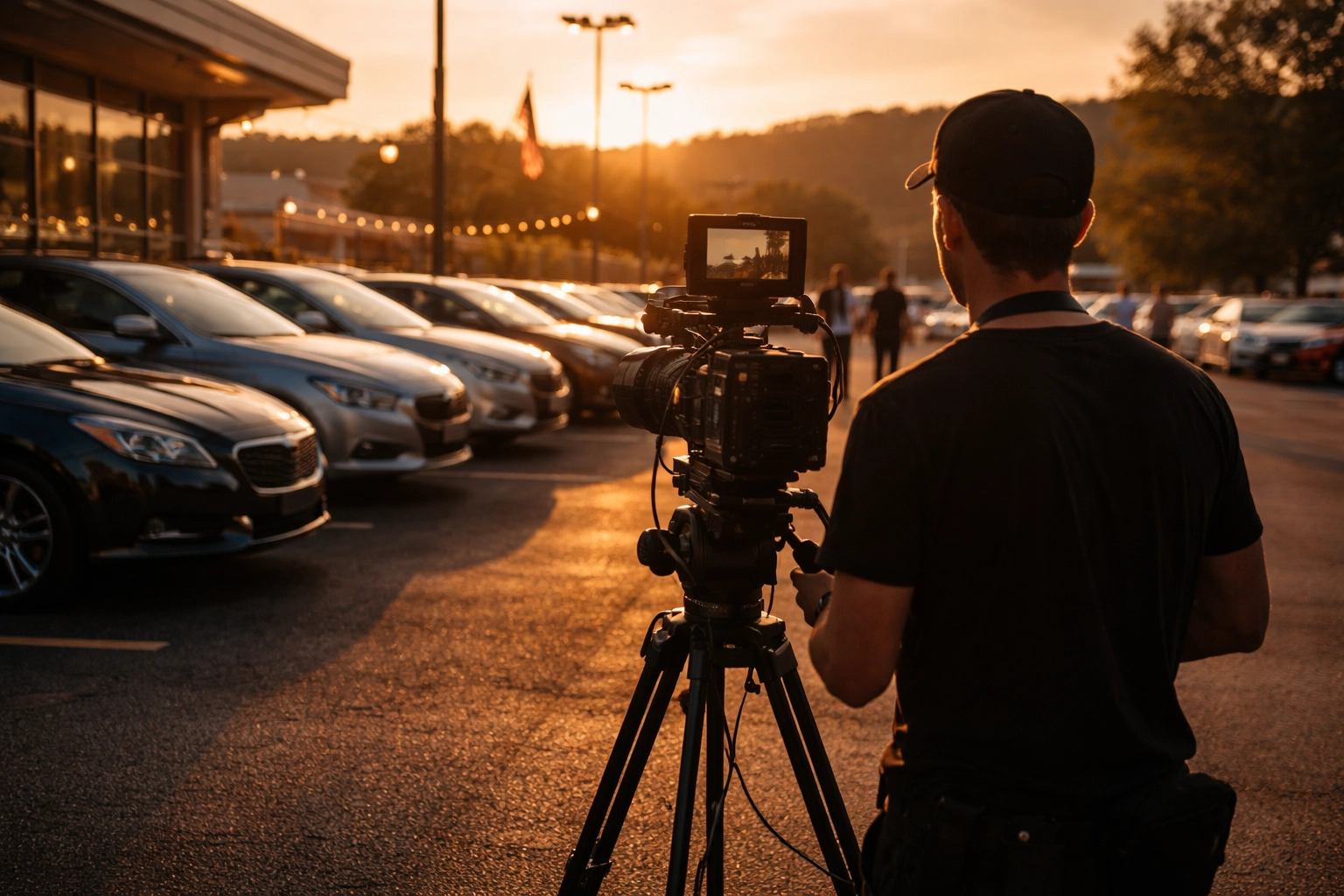 Spark Pixel crew filming exterior establishing shots for Blaise Alexander Collision & Repair Center in Lewisburg, PA, during golden hour.