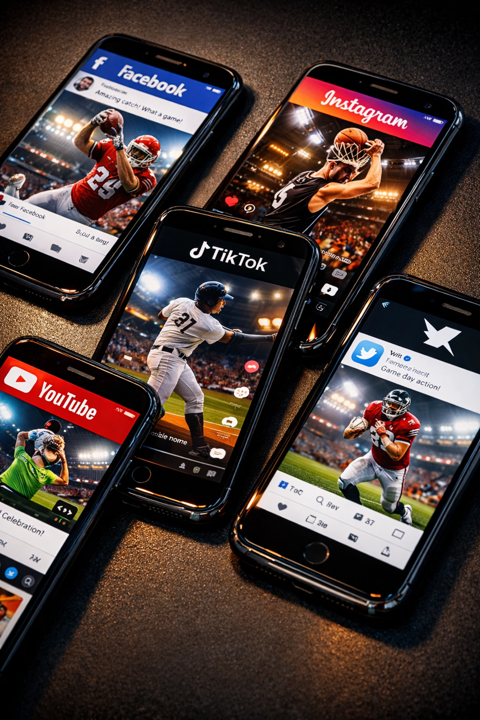Social media platforms displaying sports betting content on multiple smartphone screens