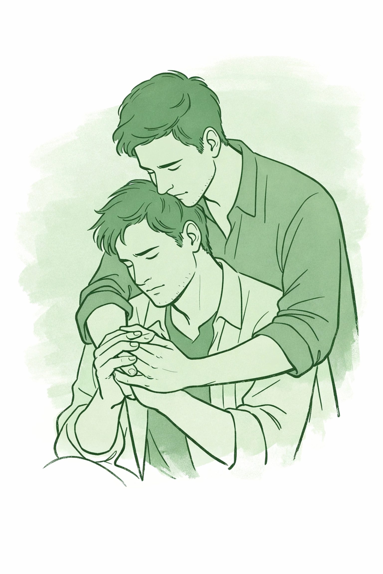 Minimalist illustration of a gay couple in an emotional MM romance scene, showing vulnerability and support.