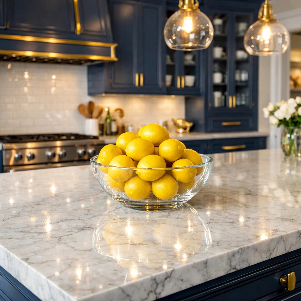 Luxury house cleaning Worcester MA featuring a sparkling marble kitchen island and deep cleaned cabinets.