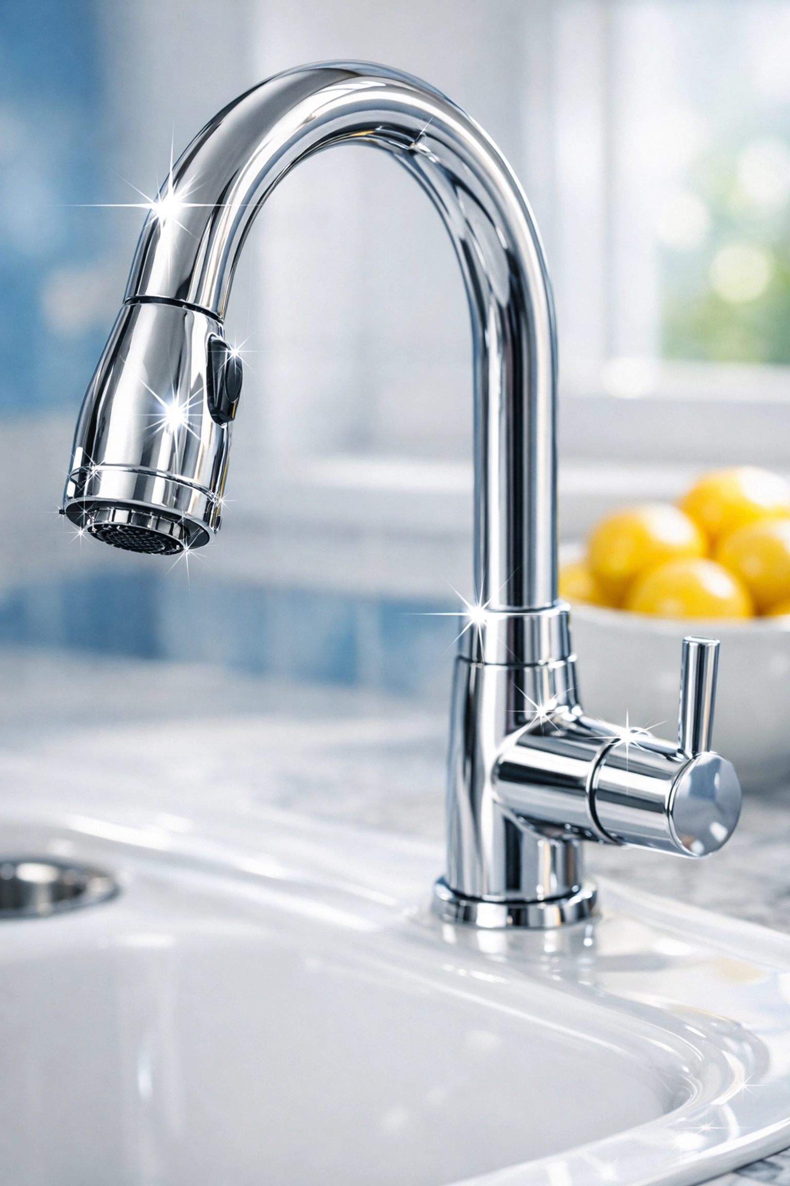 Detail of a sanitized and sparkling kitchen faucet from a professional Sagamore deep clean.