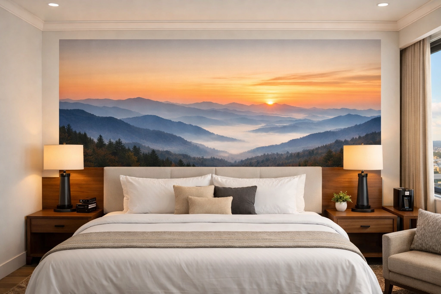 Smoky Mountain sunrise wall mural in a Knoxville boutique hotel guest suite, showcasing custom hospitality branding.