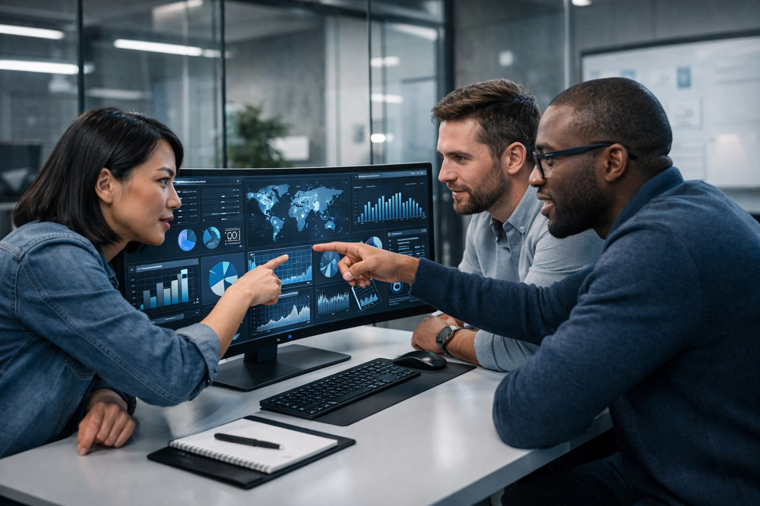 Modern newsroom team analyzing data for a newspaper digital transformation strategy.