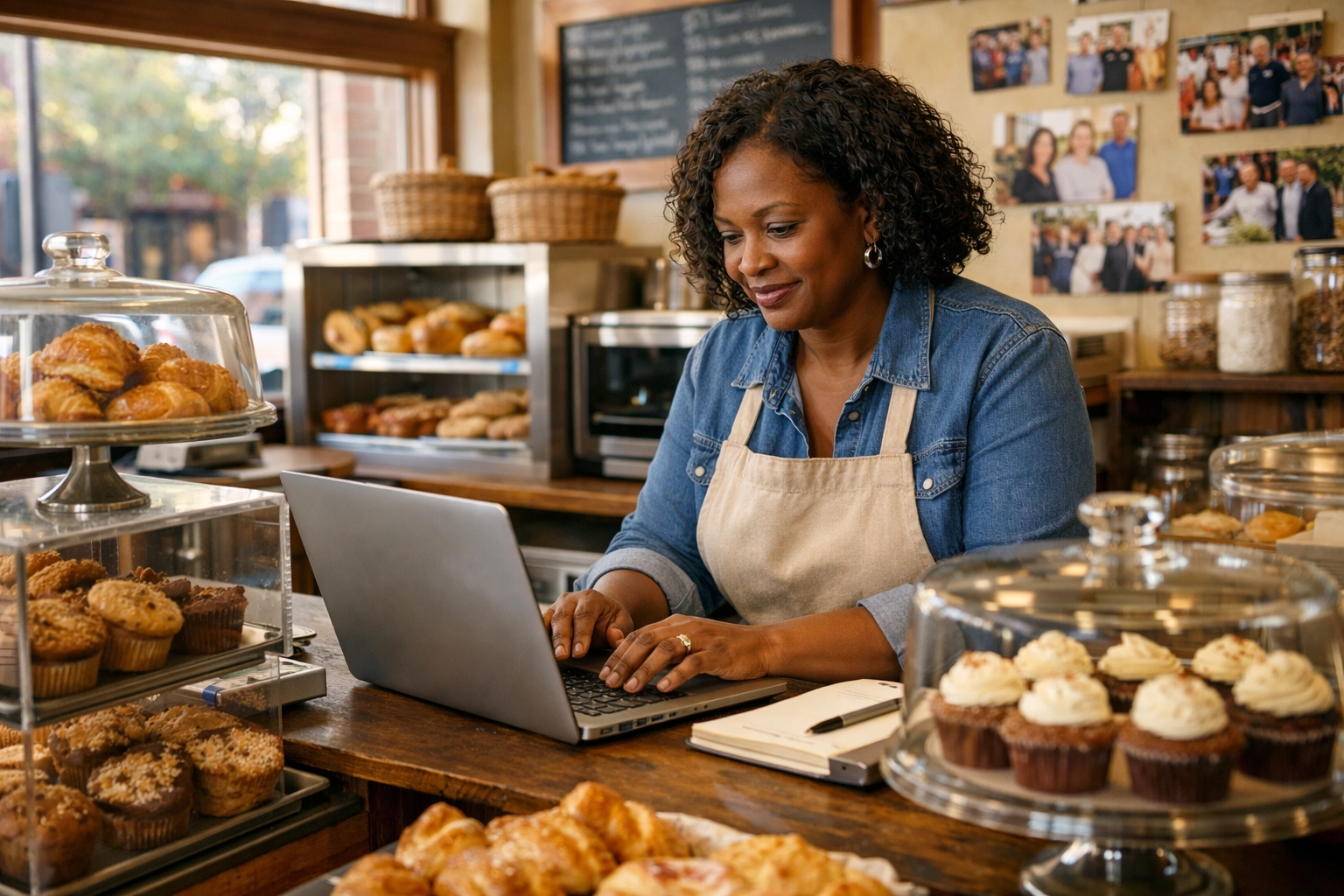 Local bakery owner updating business information for faith-based community directory