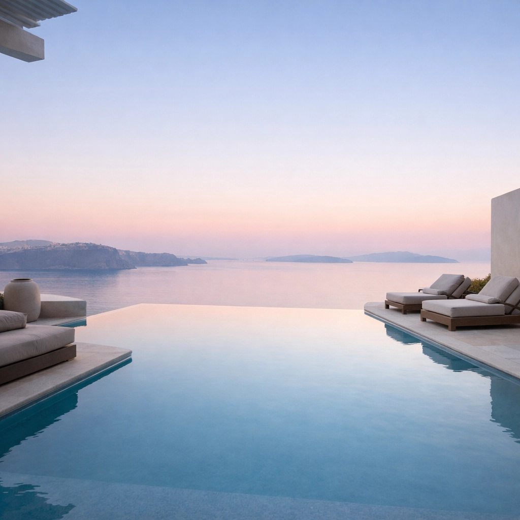 A private infinity pool at a luxury villa overlooking the Aegean Sea, offering an intimate travel retreat.