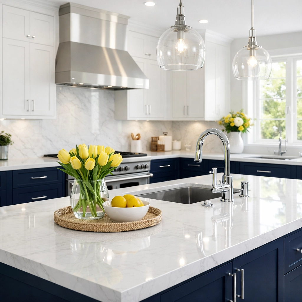 Pristine luxury kitchen in Westford showing the high-quality results of a professional deep cleaning service.