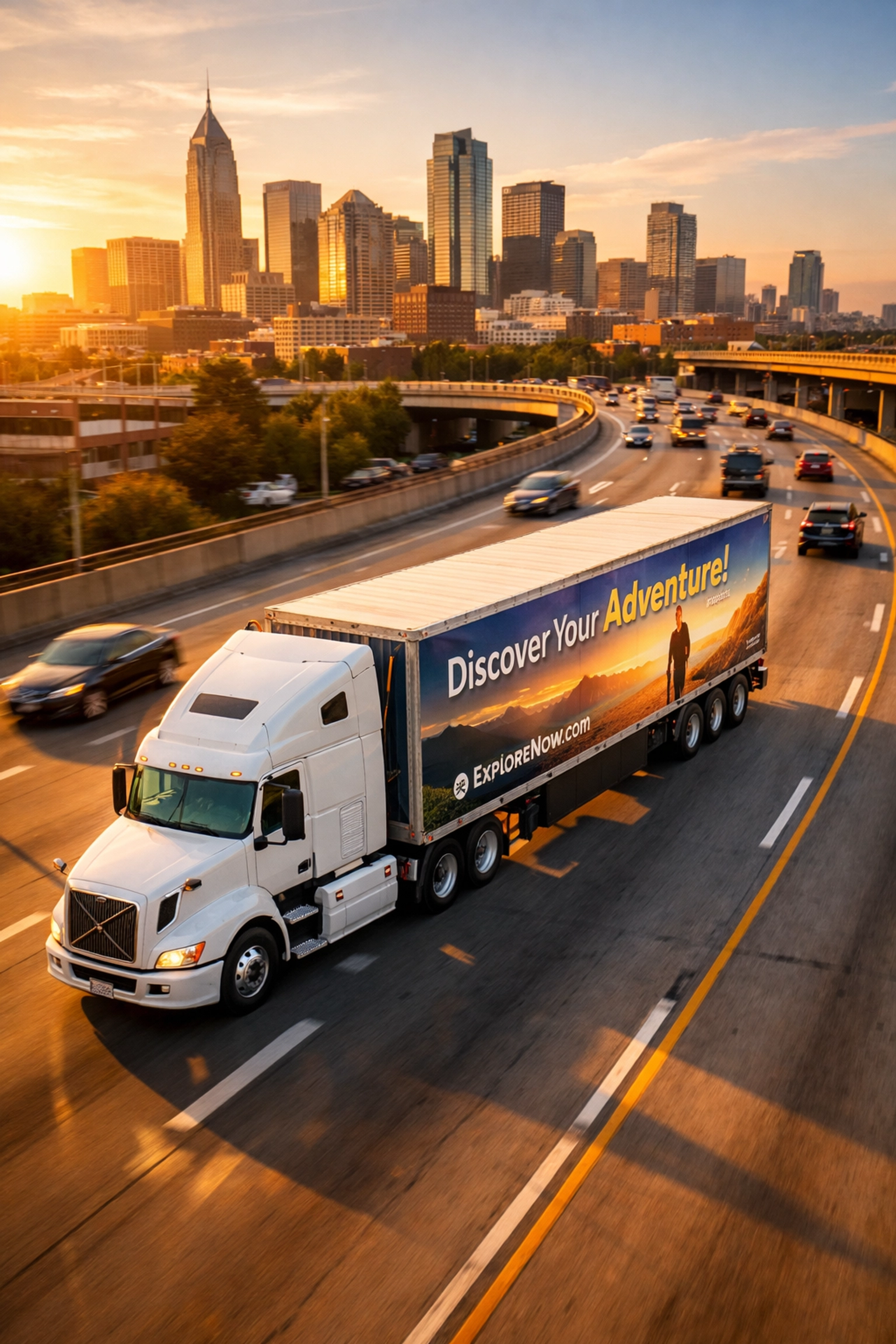 Mobile highway advertising on branded semi-truck driving through urban corridor
